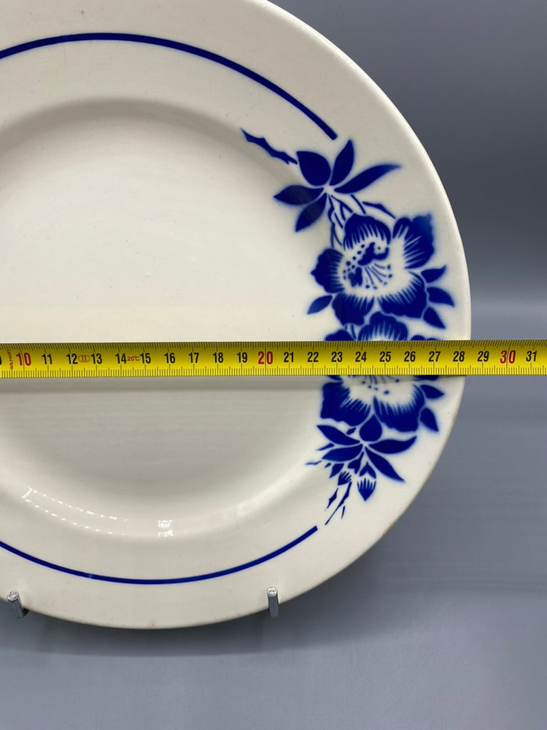 Grand plat faïence ancienne décor bleu cobalt, vue avec mesure diamètre 30 cm