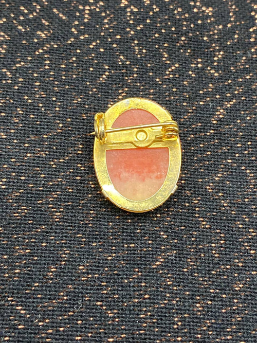Broche camée ovale – Profil de femme – Fond corail et relief ivoire – Monture dorée