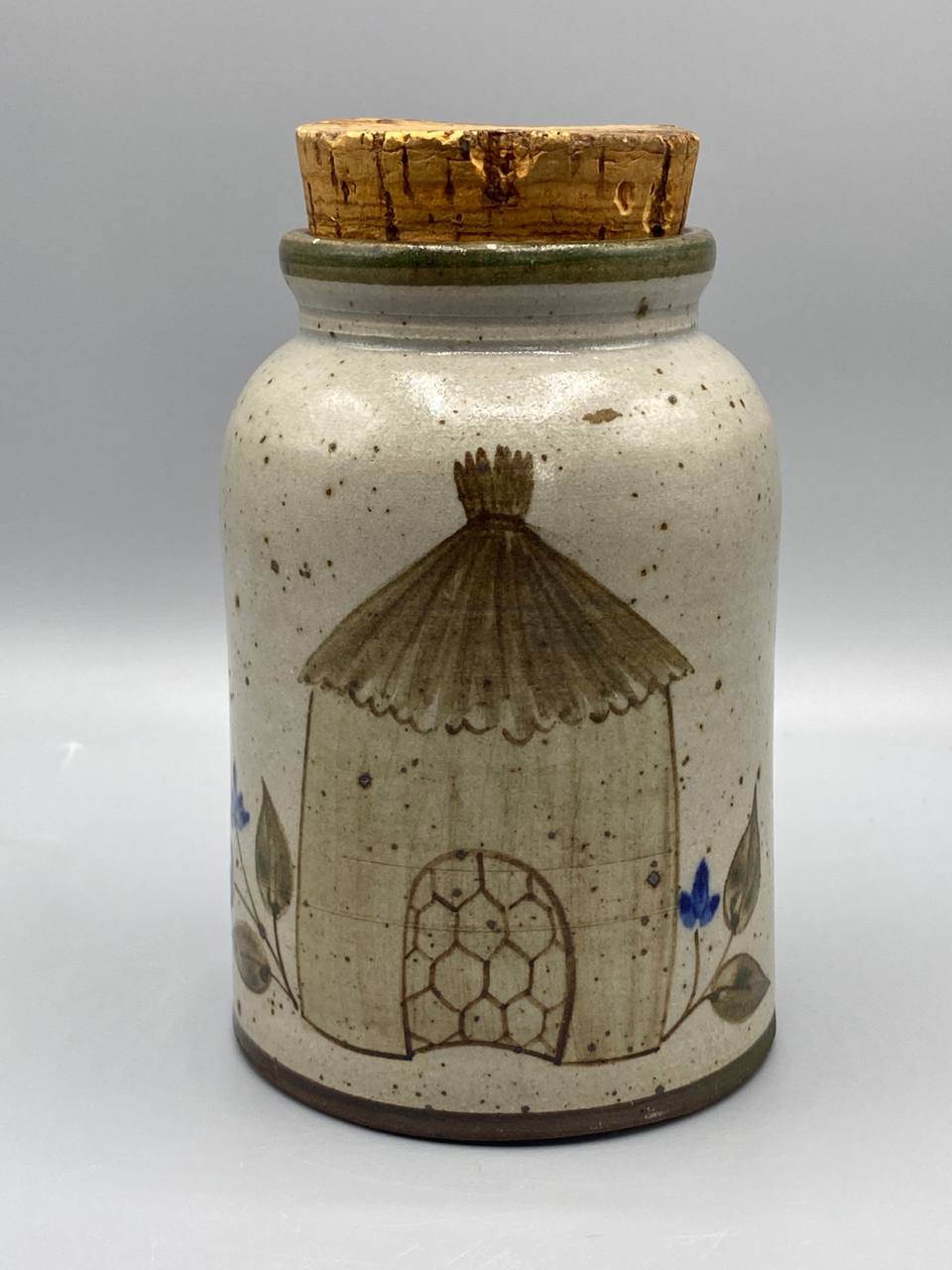 Pot en grès artisanal Poterie Corse Oletta décor paillote peint à la main bouchon liège