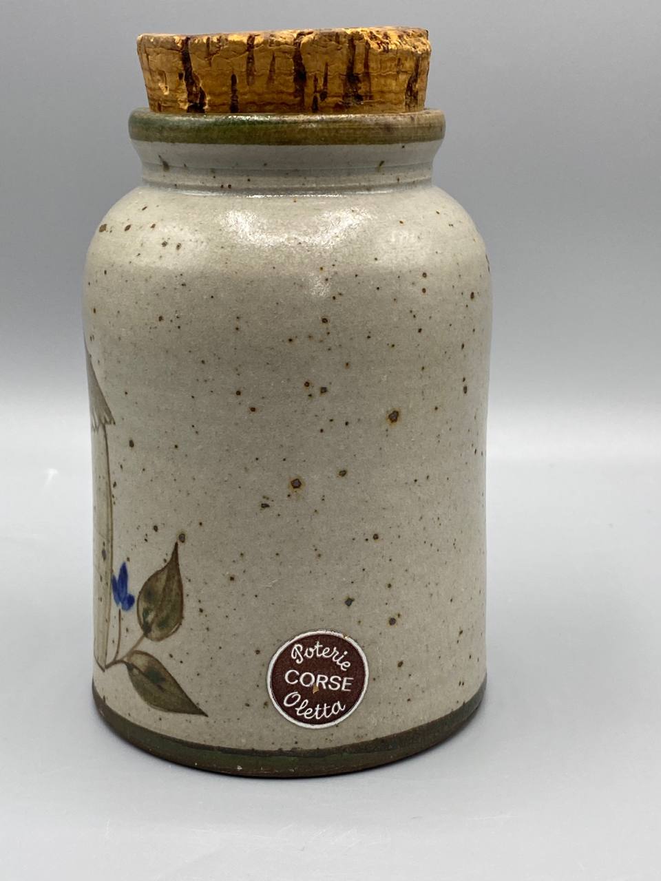 Pot en grès artisanal Poterie Corse Oletta décor paillote peint à la main bouchon liège