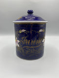 Pot à farine faïence bleu cobalt décor floral japonisant