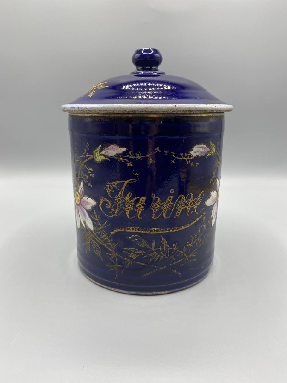 Pot à farine faïence bleu cobalt décor floral japonisant