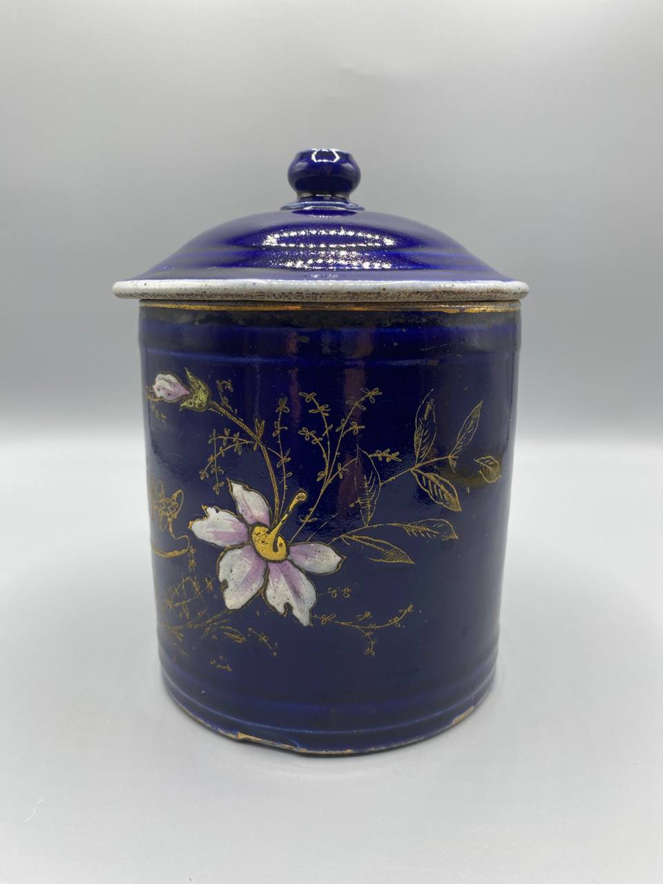 Pot à farine faïence bleu cobalt décor floral japonisant