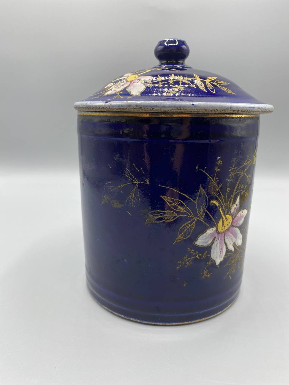 Pot à farine faïence bleu cobalt décor floral japonisant
