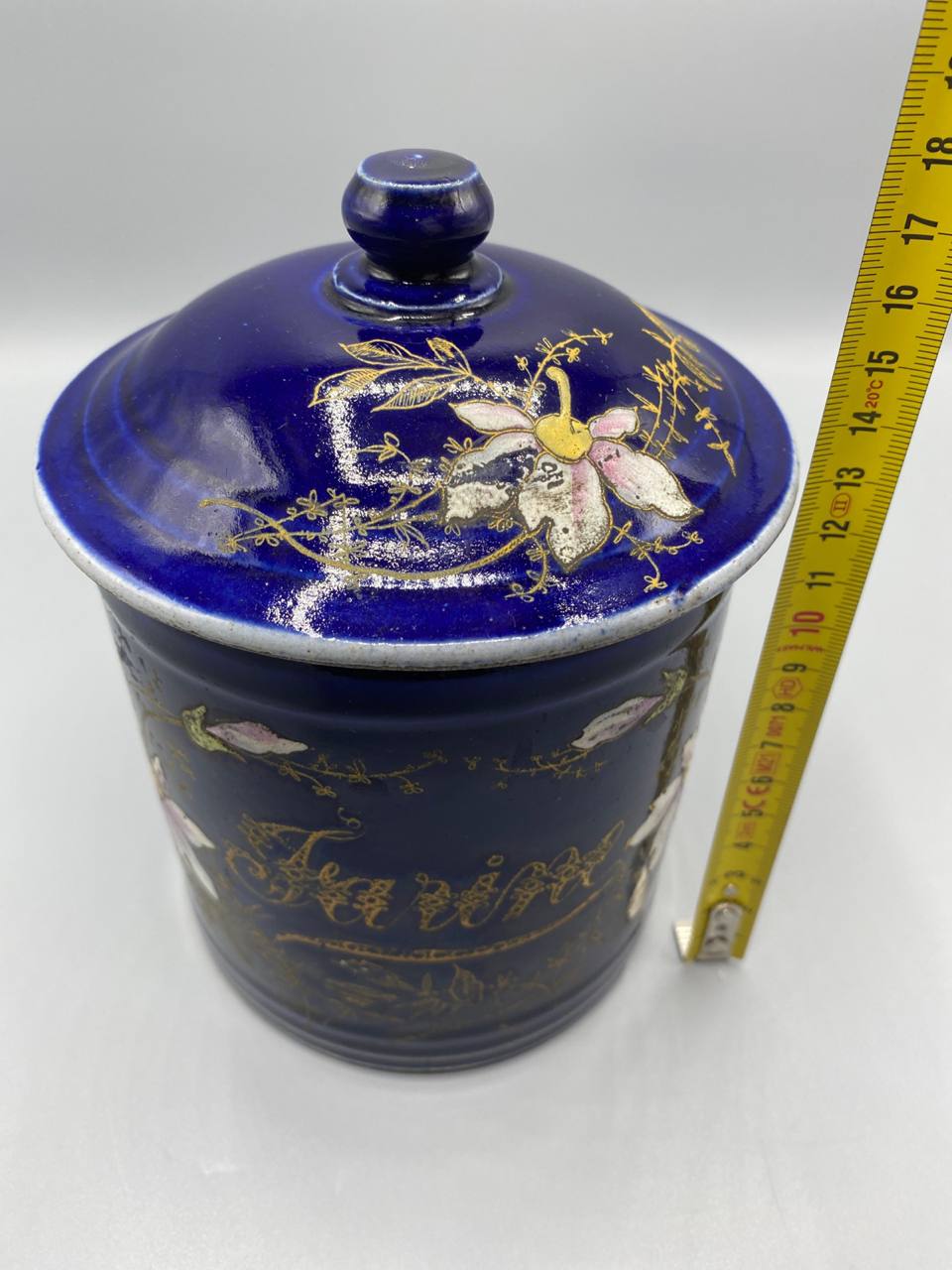 Pot à farine faïence bleu cobalt décor floral japonisant