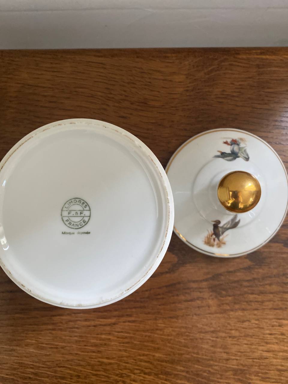 Pot couvert en porcelaine de Limoges – Décor canards sauvages – Fontanille et Marraud