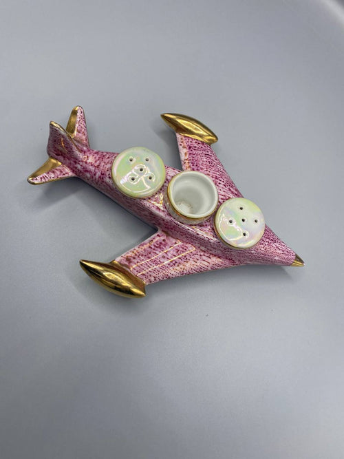 Avion porcelaine rose et or – Salières et poivrier amovibles – Limoges France