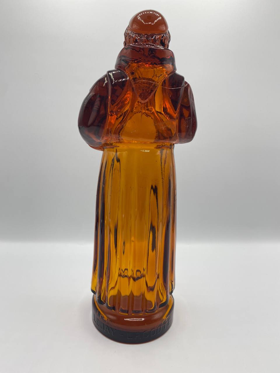 Bouteille figurine en verre ambré moulé – Sage oriental barbu – Lejay-Lagoute Dijon
