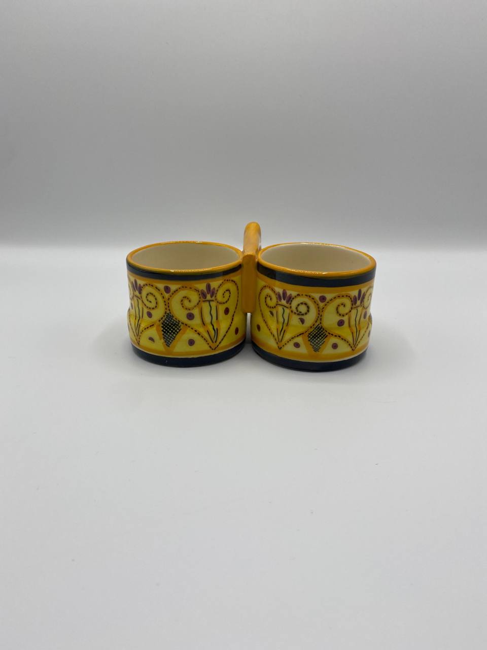 Double ravier en faïence HB Quimper – Décor breton jaune et noir – Modèle F.870