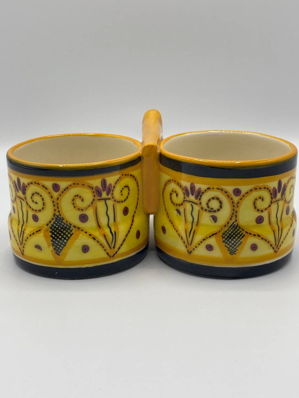 Double ravier en faïence HB Quimper – Décor breton jaune et noir – Modèle F.870