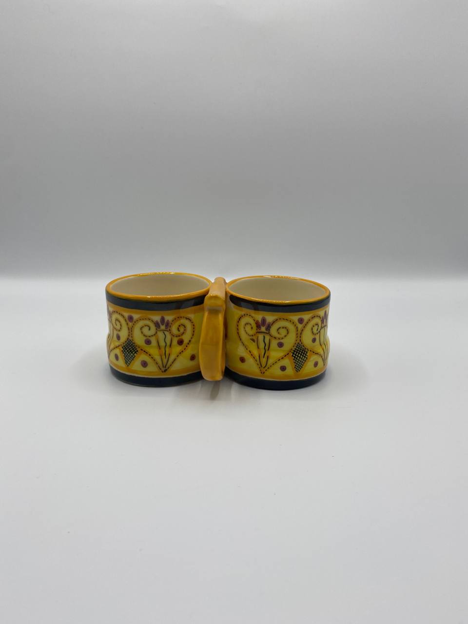 Double ravier en faïence HB Quimper – Décor breton jaune et noir – Modèle F.870