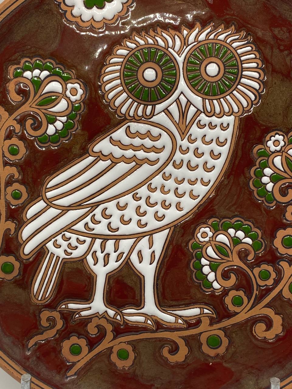 Plat mural en céramique grecque – Hibou d'Athéna – Faros Keramik Rhodes – Années 60/70