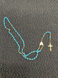Chapelet  – Perles  bleu turquoise – Médaille cœur et crucifix dorés