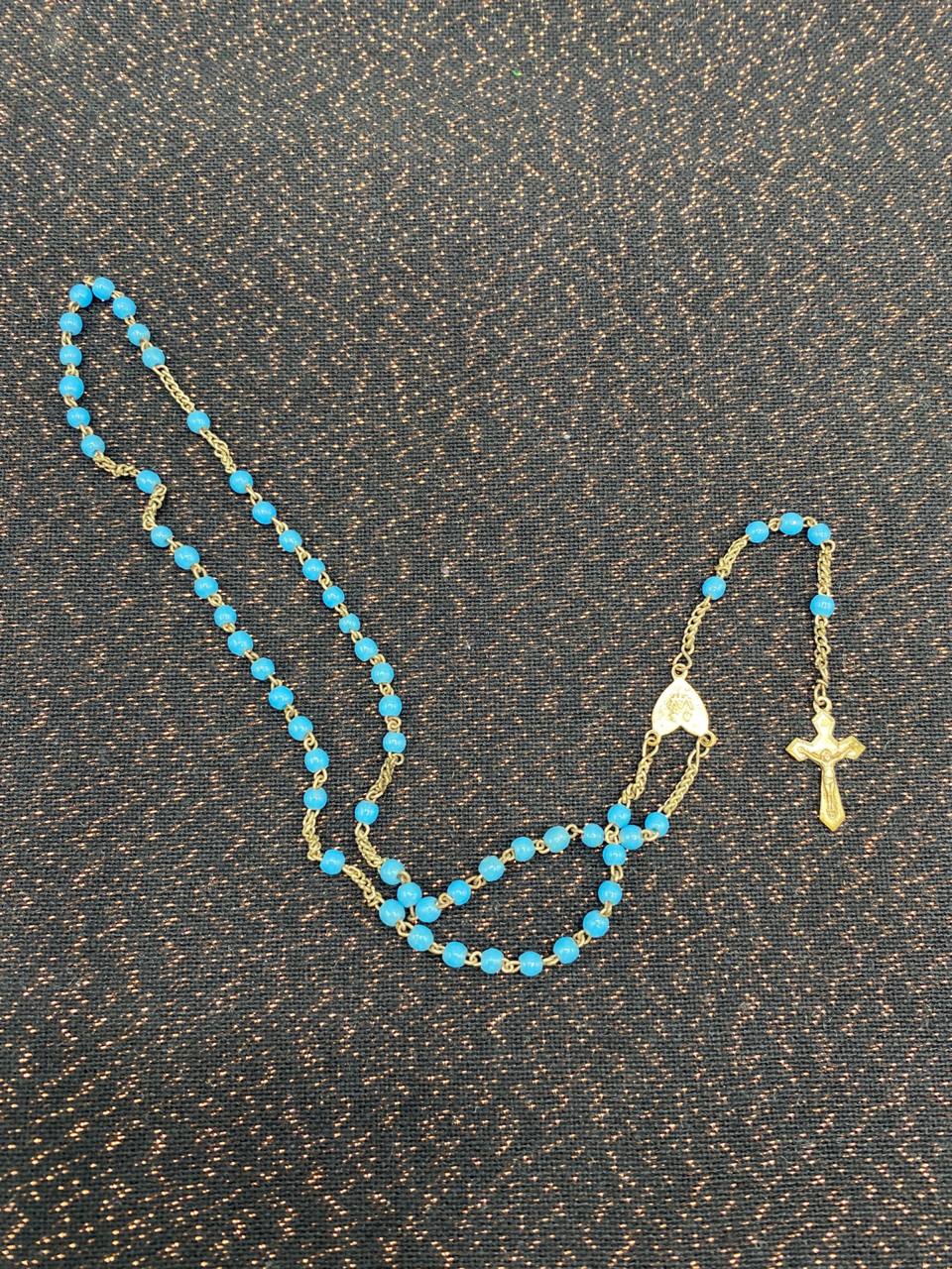 Chapelet  – Perles  bleu turquoise – Médaille cœur et crucifix dorés