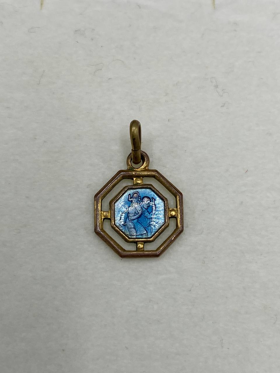 Médaille miniature Saint Christophe – Émail bleu translucide – Monture octogonale ajoureé dorée