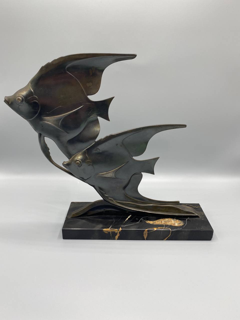 Sculpture Art Déco – Deux scalaires – Signée M. Font – Bronze et marbre Portoro