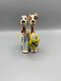Double vase chiens céramique peinte main – Duo fantaisie godets jaunes – Italie 1950-1970