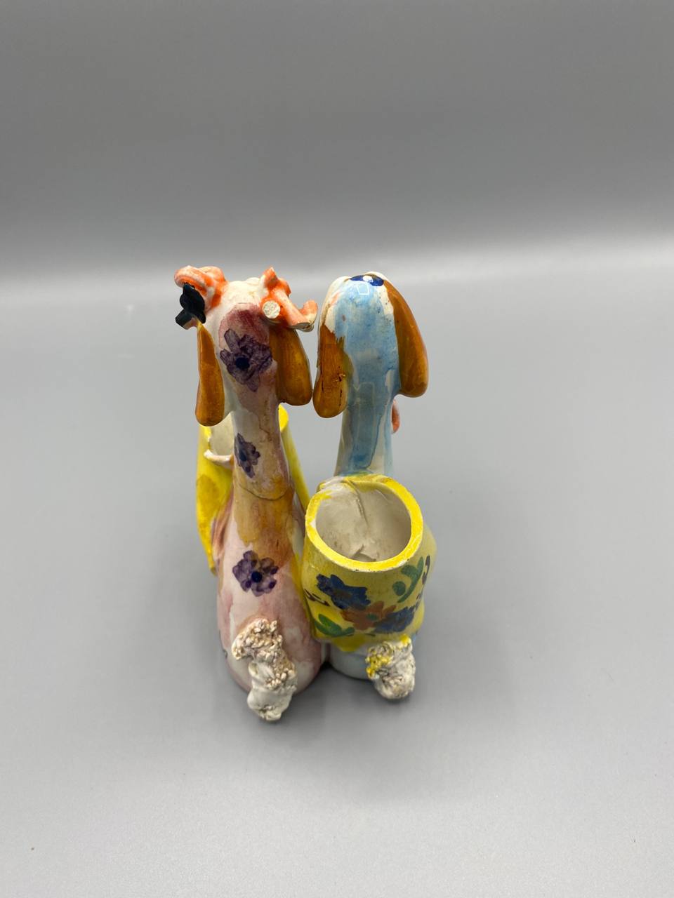 Double vase chiens céramique peinte main – Duo fantaisie godets jaunes – Italie 1950-1970