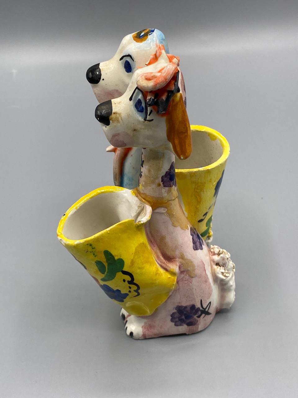 Double vase chiens céramique peinte main – Duo fantaisie godets jaunes – Italie 1950-1970