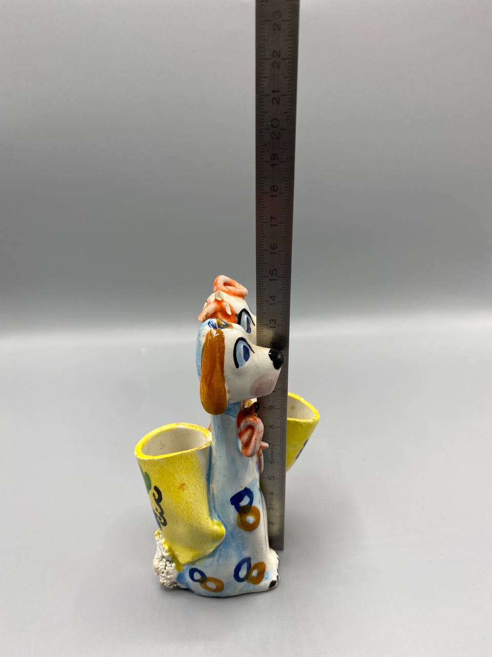 Double vase chiens céramique peinte main – Duo fantaisie godets jaunes – Italie 1950-1970