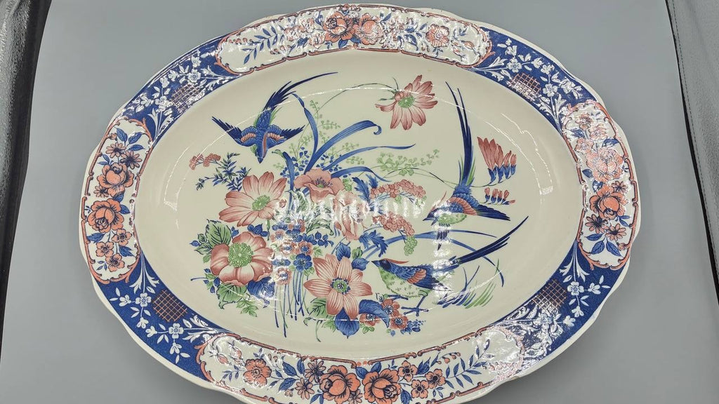 Grand plat ovale ancien décor japonisant oiseaux et fleurs fin XIXe siècle