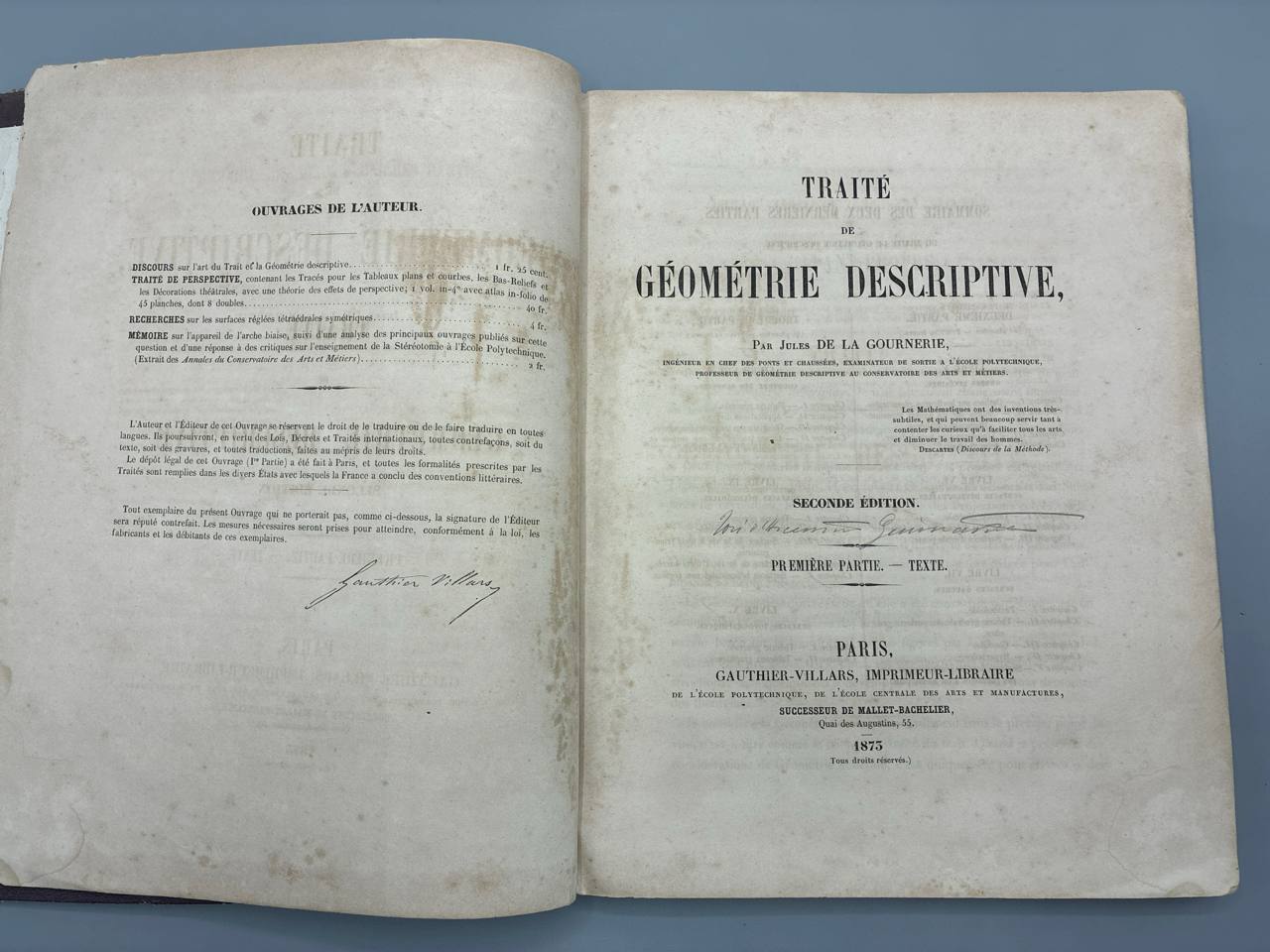 Traité de Géométrie Descriptive – Jules de La Gournerie – Gauthier-Villars, 1873