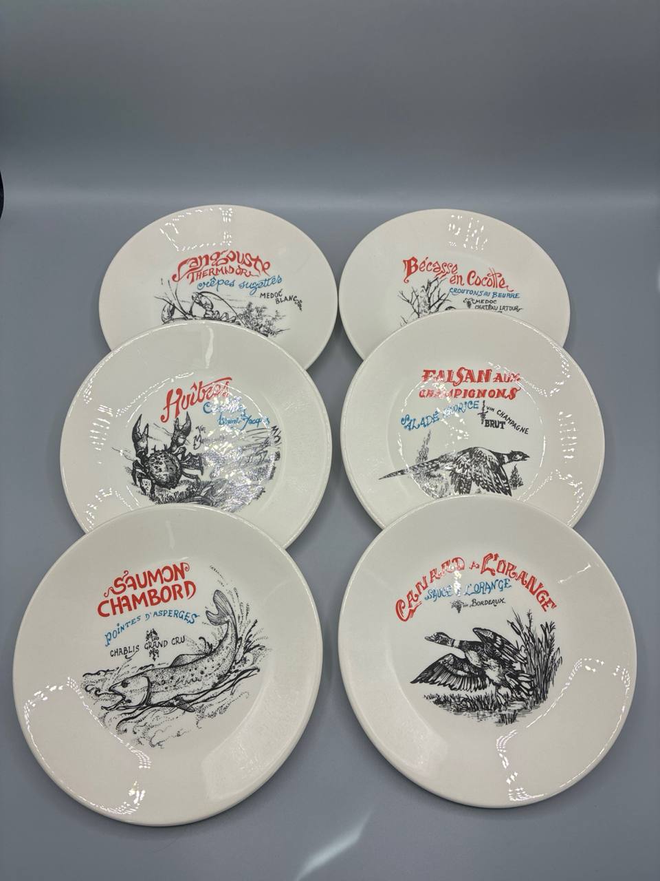 Assiettes gastronomie française – Série complète 6 pièces – Porcelaine italienne années 60-70