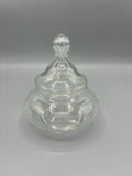 Bonbonnière en verre pressé transparent – Couvercle à bouton boule, décor moulé