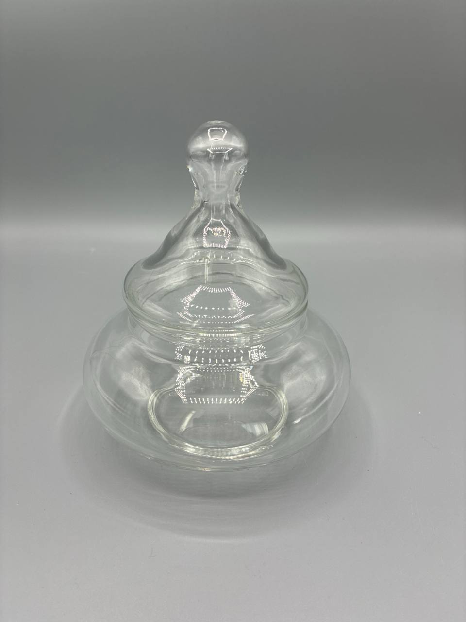 Bonbonnière en verre pressé transparent – Couvercle à bouton boule, décor moulé