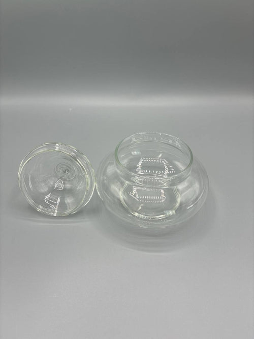 Bonbonnière en verre pressé transparent – Couvercle à bouton boule, décor moulé