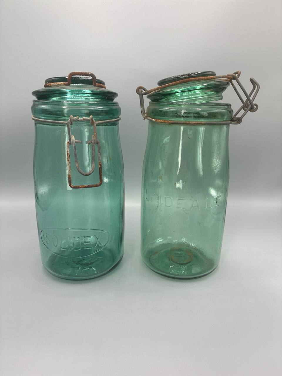 Paire de bocaux à conserves L'Idéal – Verre soufflé vert d'eau, fermeture fil de fer