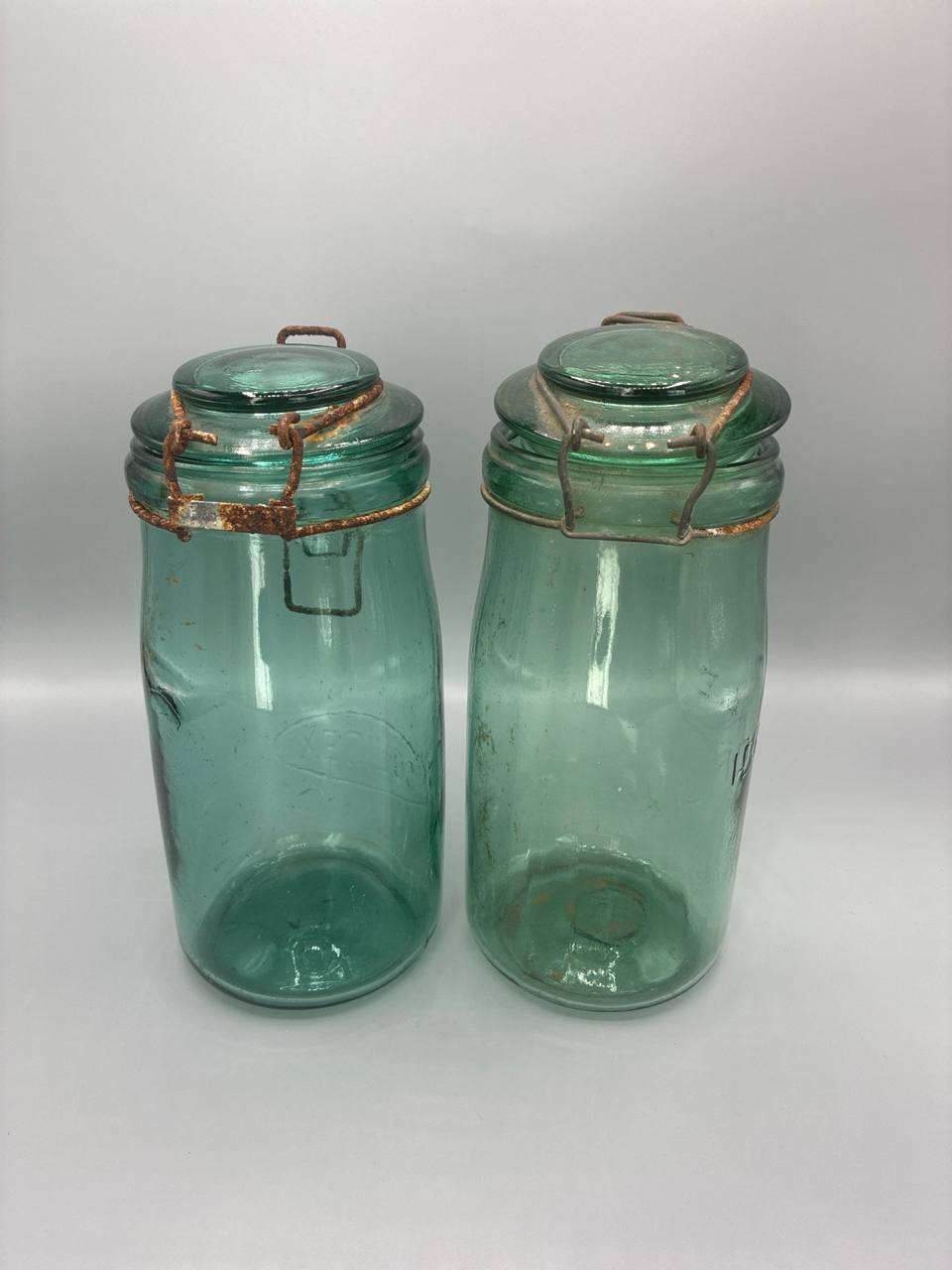 Paire de bocaux à conserves L'Idéal – Verre soufflé vert d'eau, fermeture fil de fer