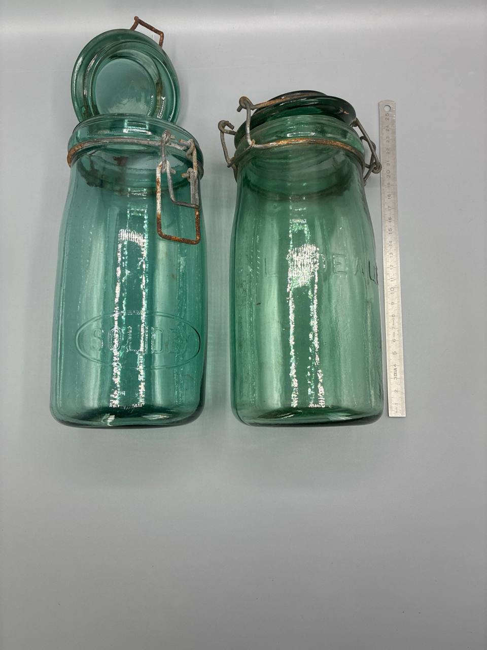 Paire de bocaux à conserves L'Idéal – Verre soufflé vert d'eau, fermeture fil de fer