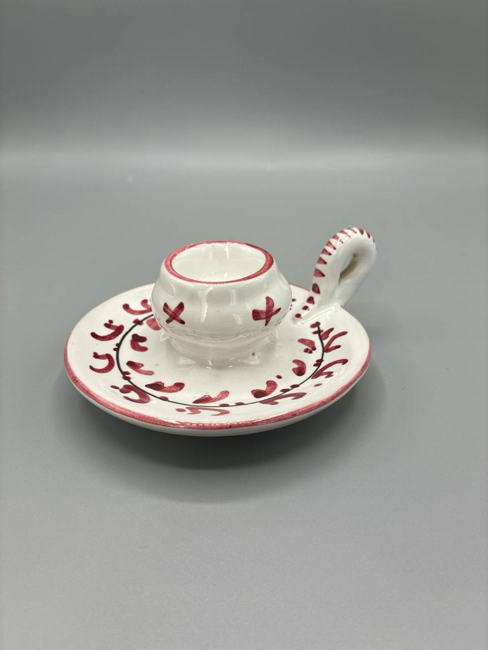 Bougeoir en faïence – Toscane Italie – décor peint à la main – rose et blanc