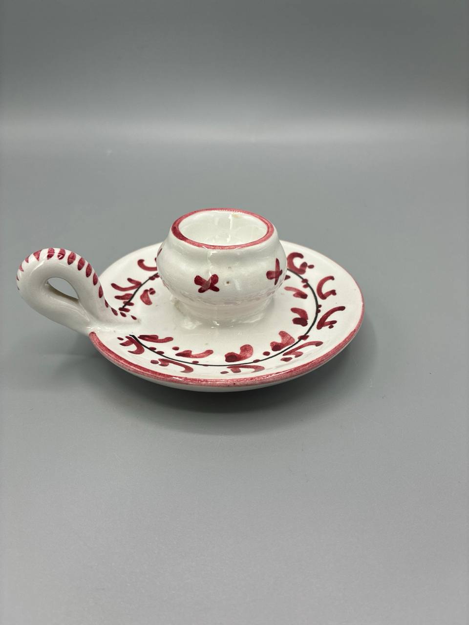 Bougeoir en faïence – Toscane Italie – décor peint à la main – rose et blanc