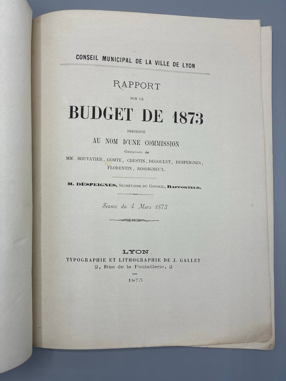 Rapport sur le Budget de 1873 – Conseil Municipal de la Ville de Lyon – M. Despeignes Rapporteur