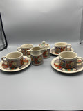 Service à café japonais style Imari – 4 tasses, sucrier, crémier – Décor floral rouge bleu vert