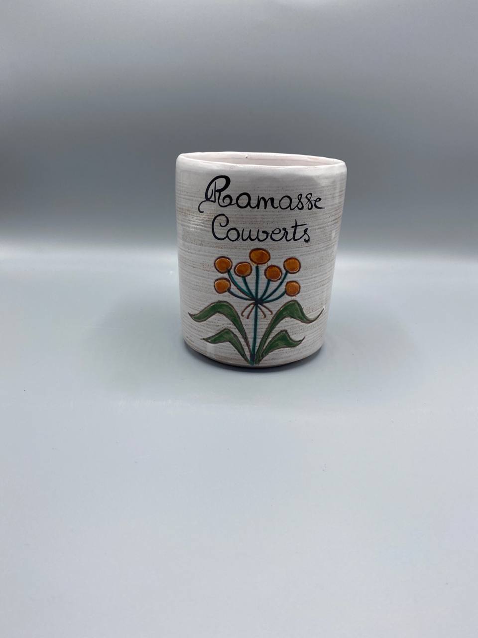 Pot à couverts céramique artisanale signé – Décor floral peint main – Fait main
