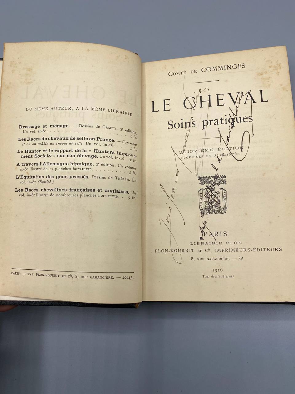 Le Cheval. Soins pratiques – Comte de Comminges – Plon, 1916, quinzième édition