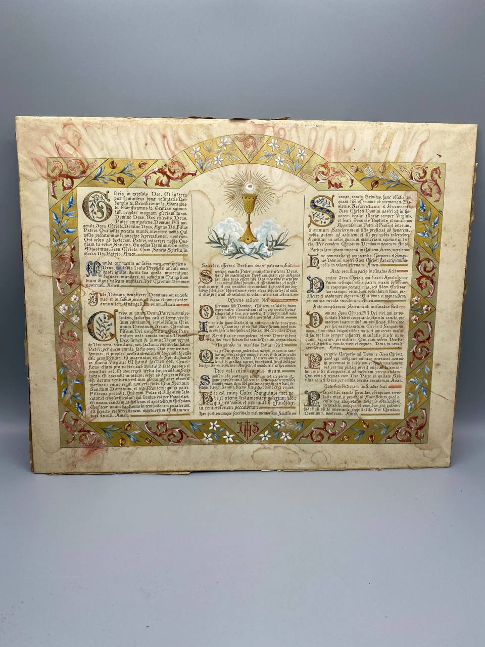 Panneau liturgique catholique latin, chromolithographie enluminée sur panneau bois