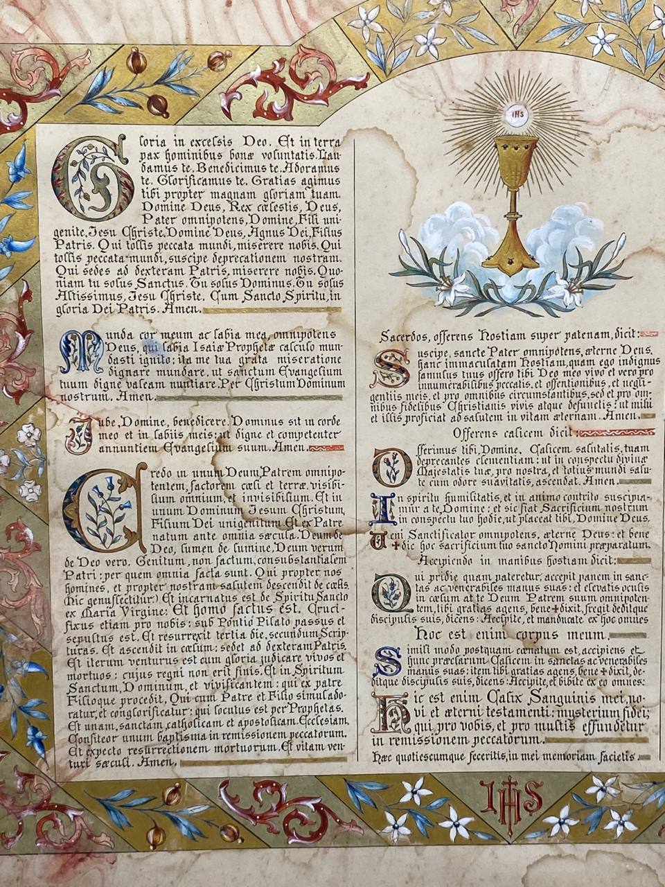 Panneau liturgique catholique latin, chromolithographie enluminée sur panneau bois
