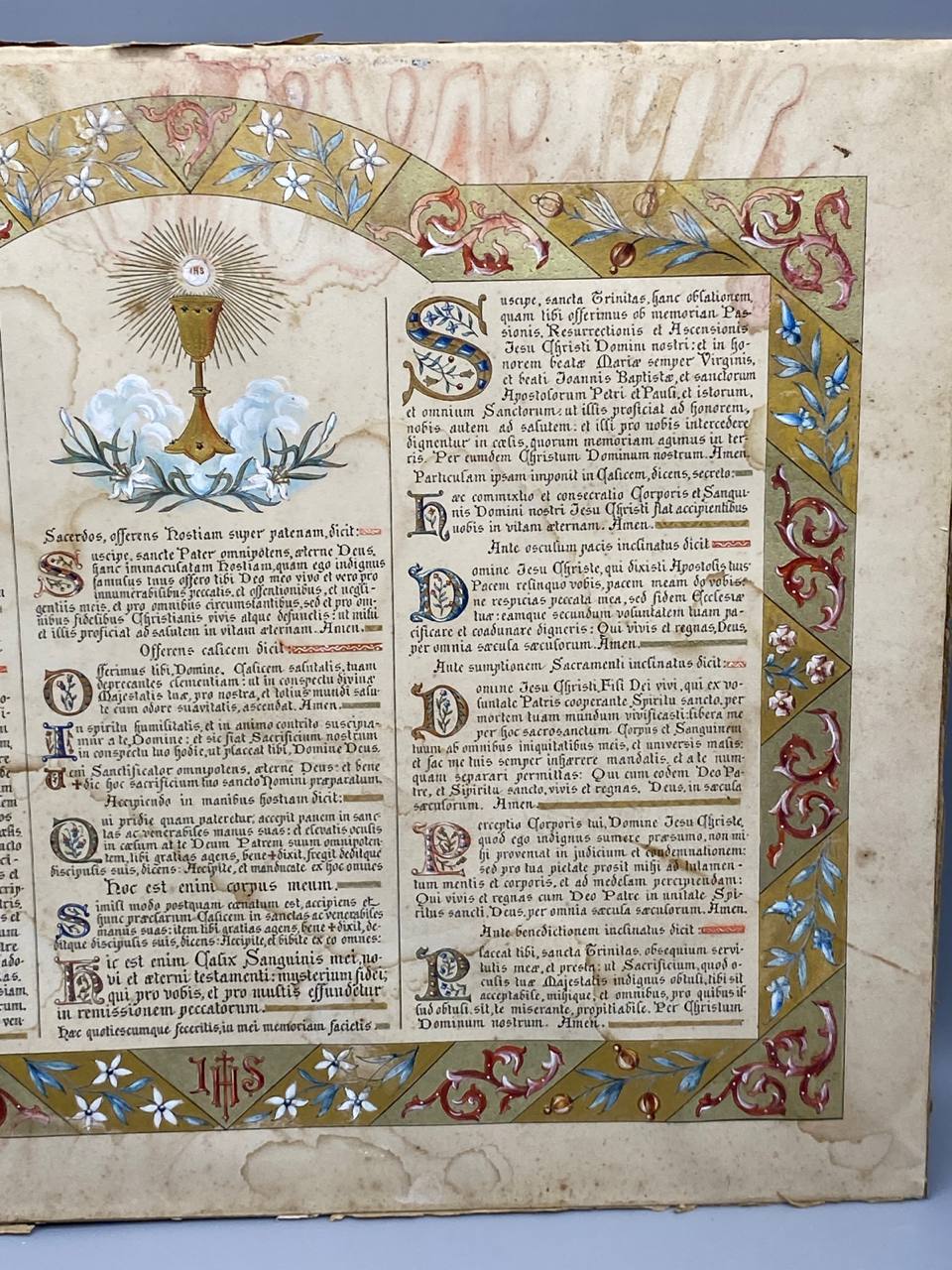 Panneau liturgique catholique latin, chromolithographie enluminée sur panneau bois