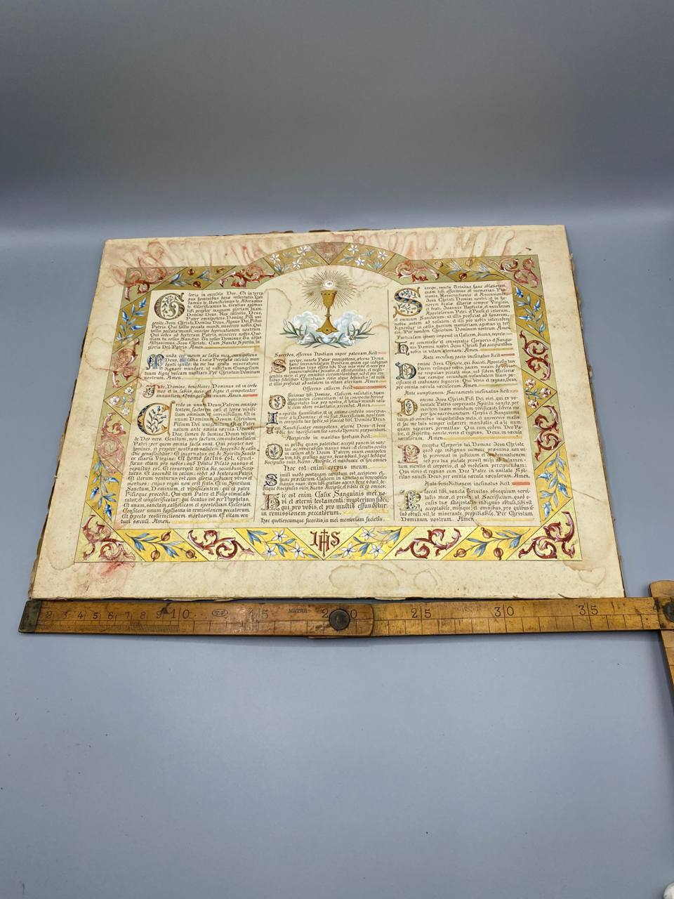Panneau liturgique catholique latin, chromolithographie enluminée sur panneau bois