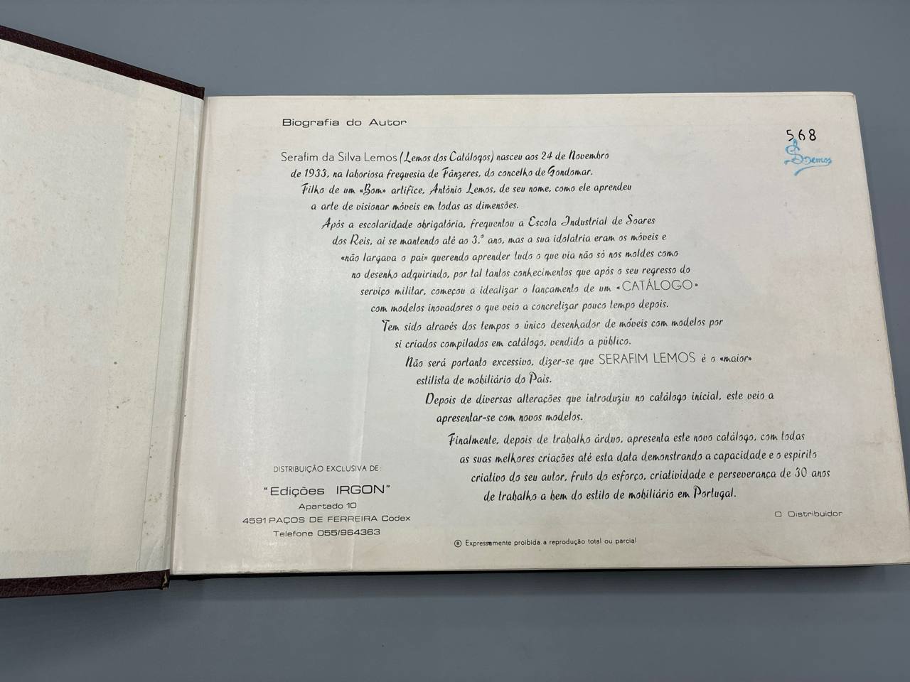 Catalogo de Mobilias – Serafim da Silva Lemos – Edicoes IRGON, Pacos de Ferreira, Portugal
