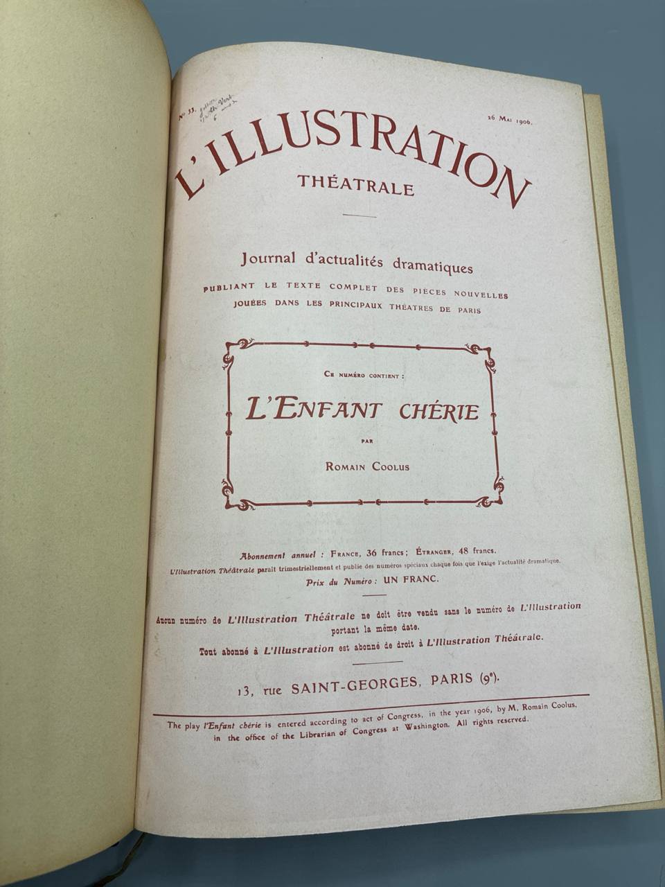 L'Illustration Théâtrale – Année 1906  reliée – Demi-cuir à nerfs dorés – Plusieurs pièces de théâtre