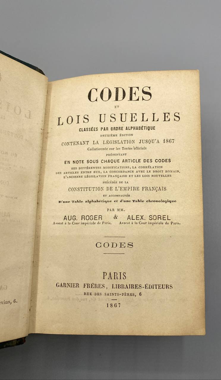Codes et Lois Usuelles – Aug. Roger et Alex. Sorel – Garnier Frères, Paris, 1867