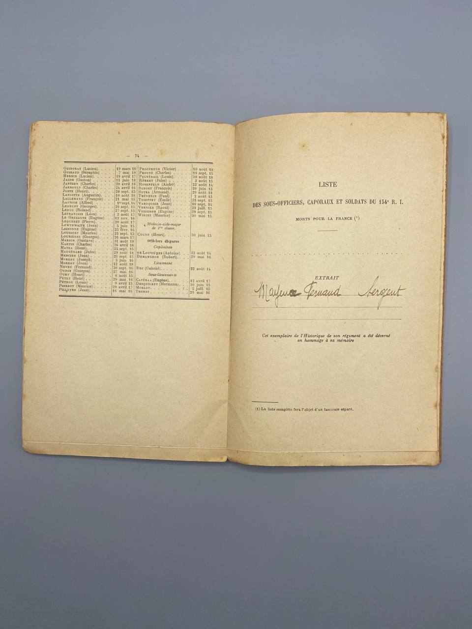 Historique du 154e Régiment d'Infanterie 1914-1918 – Pages de Gloire – Exemplaire nominatif