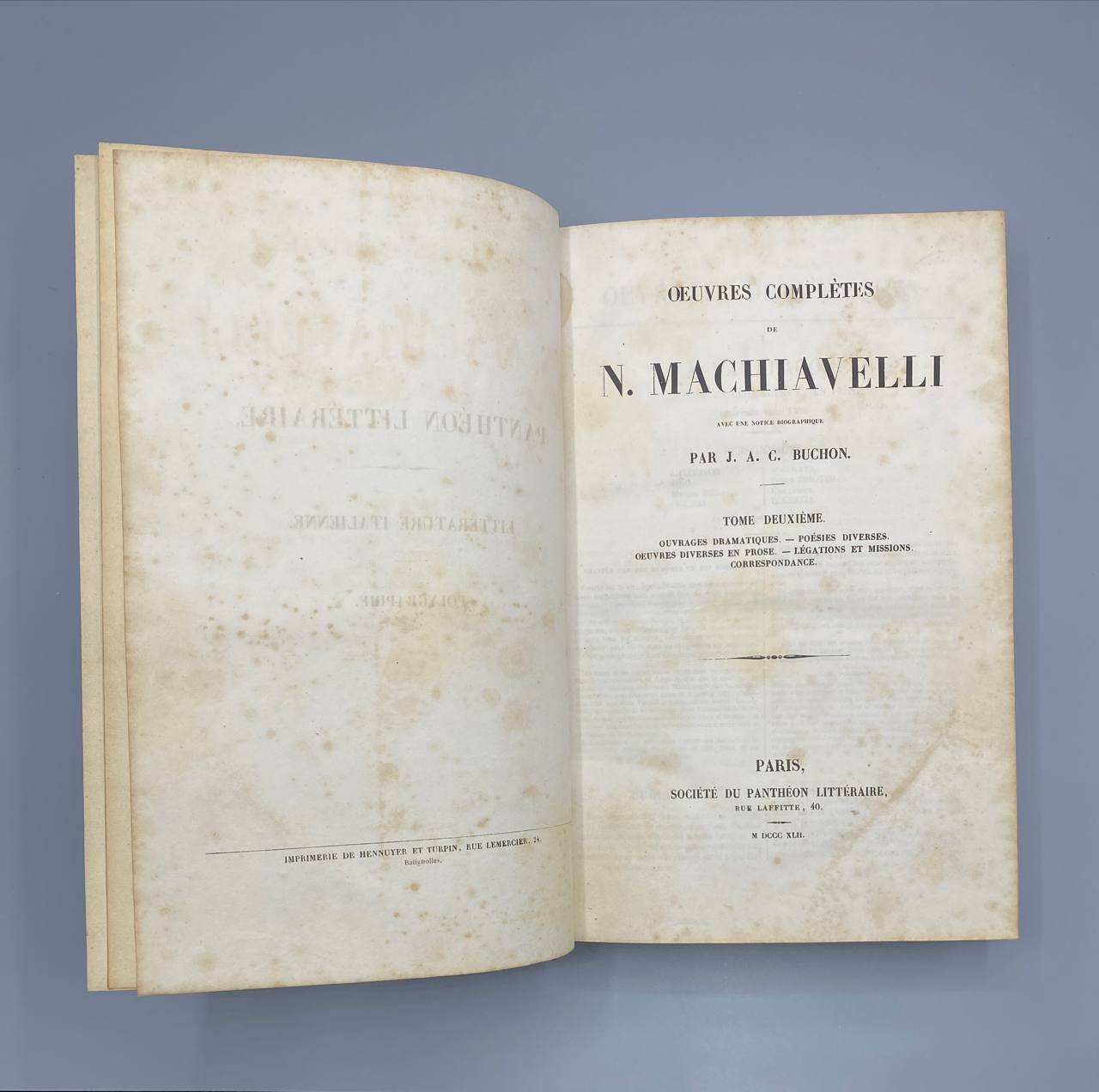 Oeuvres complètes de Nicolas Machiavel – 2 volumes reliés d'époque – Buchon – Panthéon Littéraire 1843