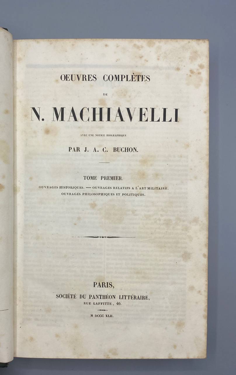 Oeuvres complètes de Nicolas Machiavel – 2 volumes reliés d'époque – Buchon – Panthéon Littéraire 1843