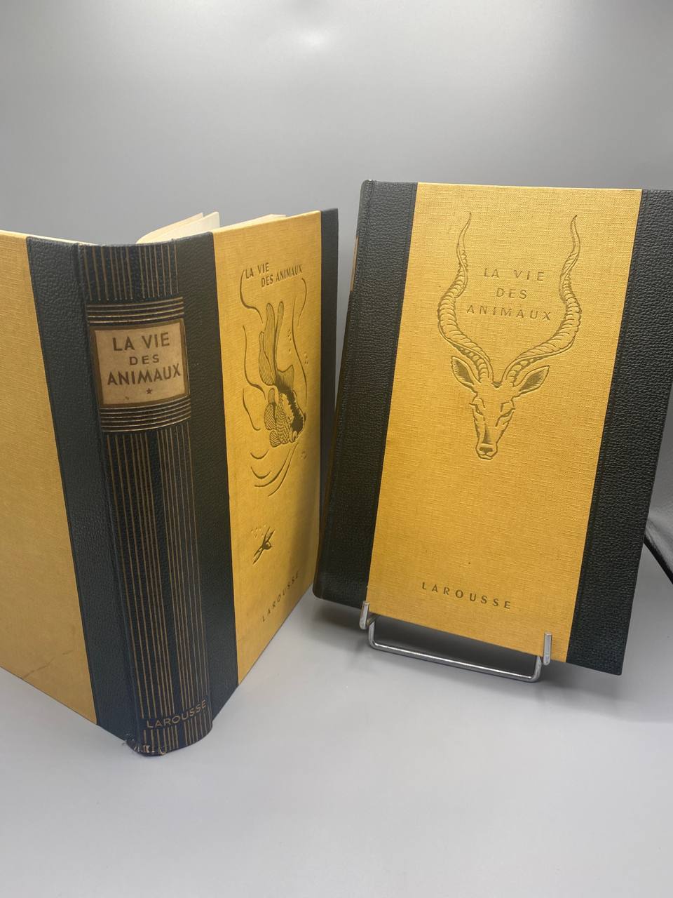 La Vie des Animaux Larousse 1949 – reliure éditeur cartonnage noir et or, plat jaune-ocre avec tête d’antilope gaufrée